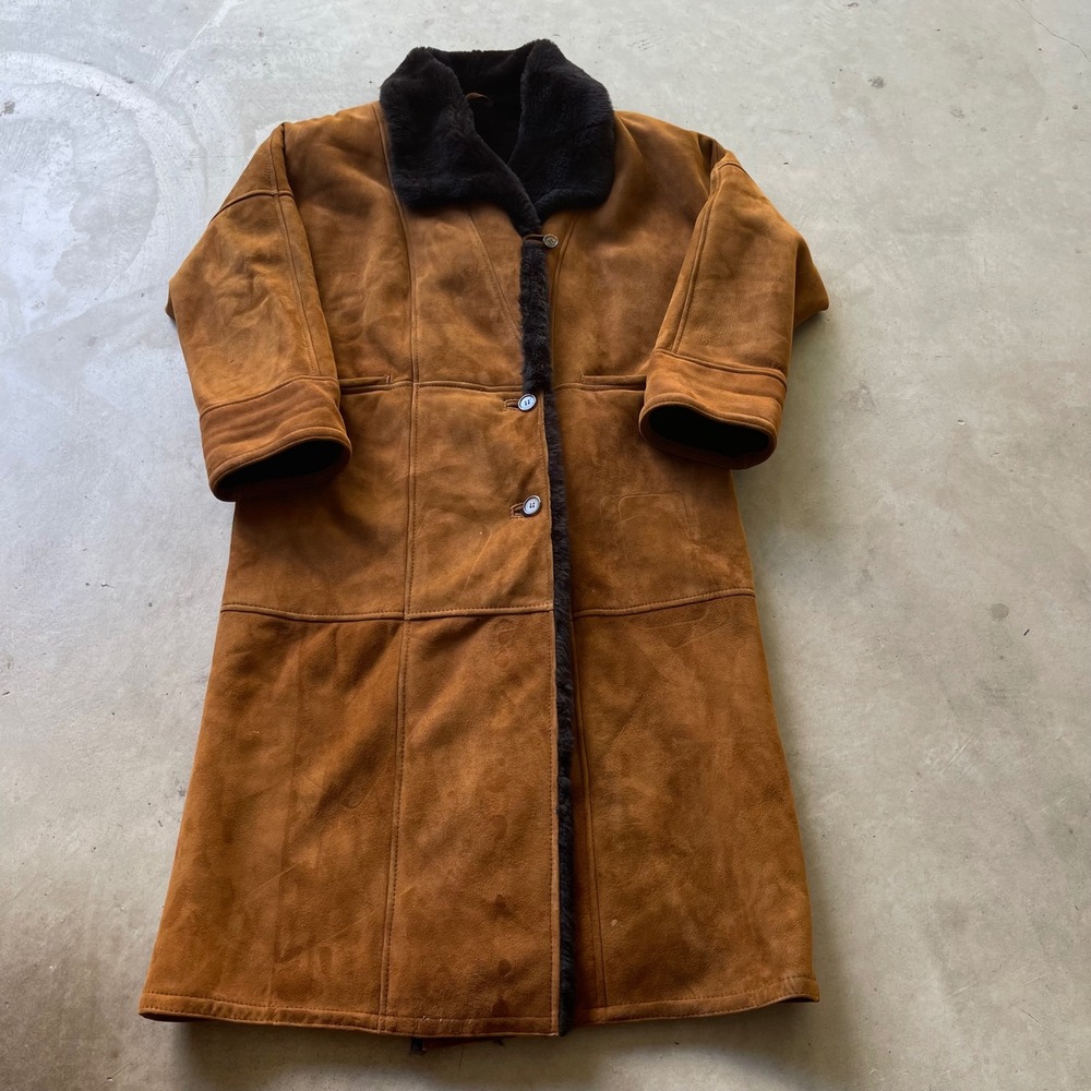 Vintage Burberrys Shearling Suede Coat Tan Brown Wool Lined Size M Made in USA